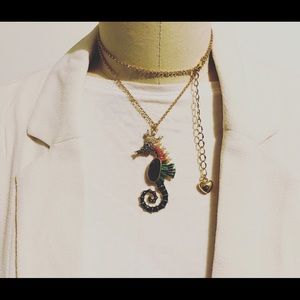 Multicolor Enamel Sea Horse Long Pendant Necklace